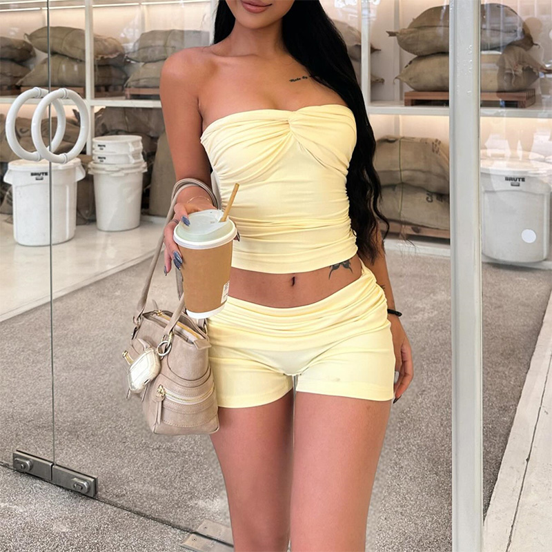 Summer Clothing Tops - Conjunto de Top Corto Tubo Fruncido